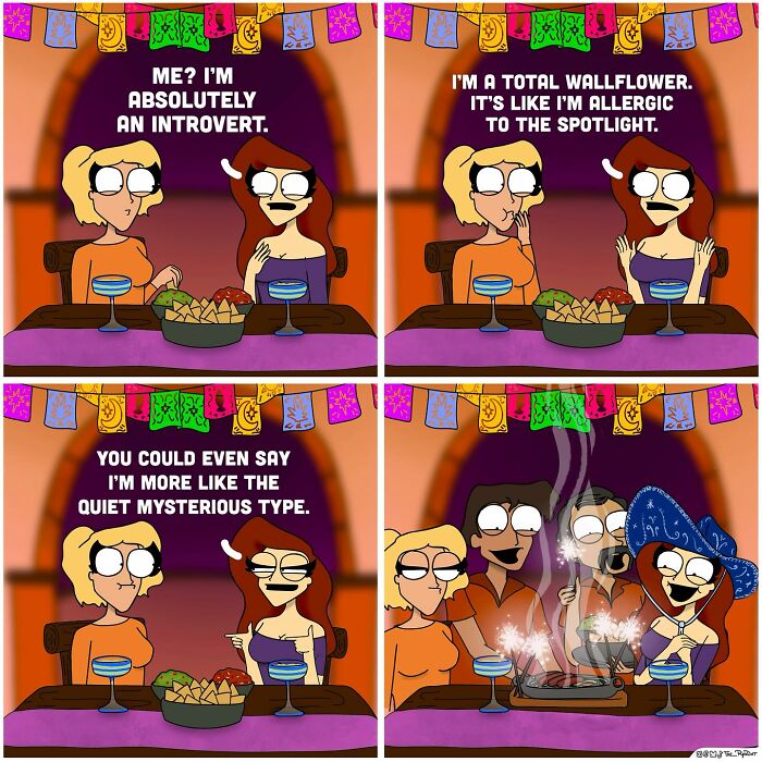 Comic strip featuring two women humorously discussing introversion and social awkwardness with bold and hilarious style.