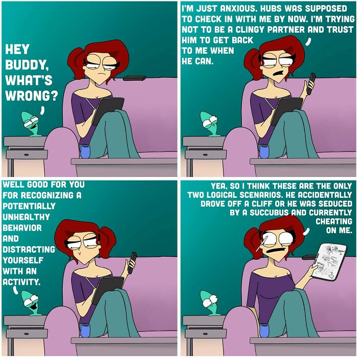 Comic strip showing a woman and a talking butterfly discussing anxiety in a bold and hilarious comic style.
