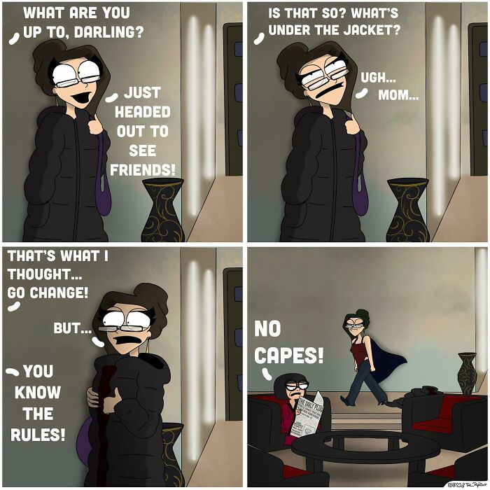 Comic panels showing a funny interaction between a mother and daughter about wearing capes, from bold and hilarious comics.