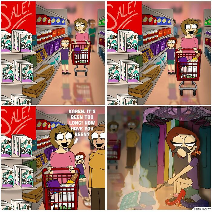 Four-panel comic strip showing a woman at a grocery store with humorous and slightly naughty scenes.