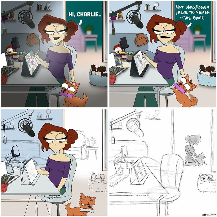 Four-panel bold and hilarious comic depicting a woman drawing while interacting with her dog in a creative workspace.