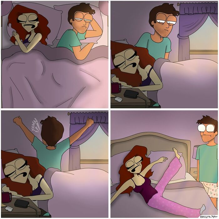 Couple in a funny comic scene showing morning routine and sleepy reactions in a bold and hilarious comic style.