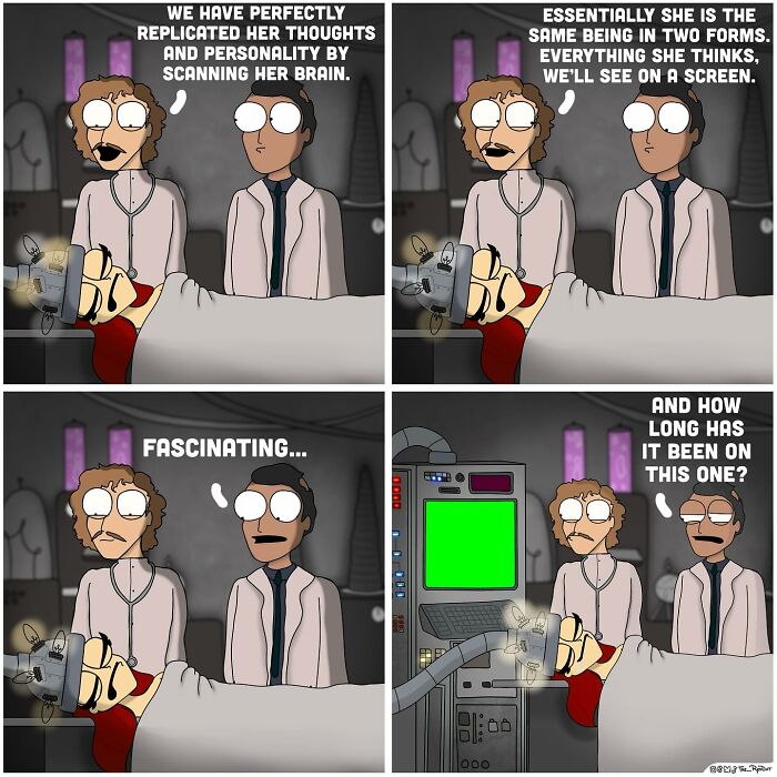 Comic panels showing scientists scanning a woman’s brain, illustrating bold and hilarious comics by this artist.