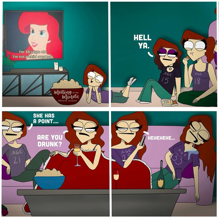 Bold and hilarious comics featuring age-related jokes and witty dialogue in a colorful cartoon style.