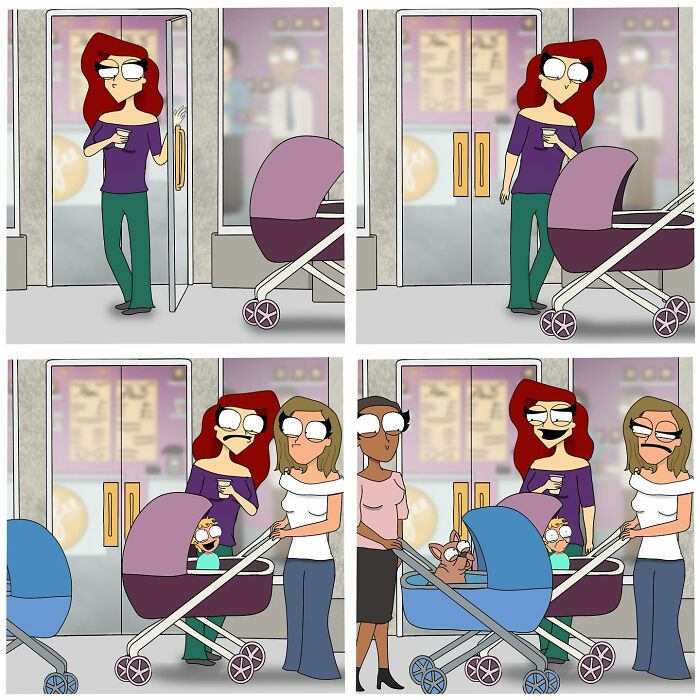 Cartoon woman with red hair pushing a stroller, interacting with others in a bold and hilarious comic style.
