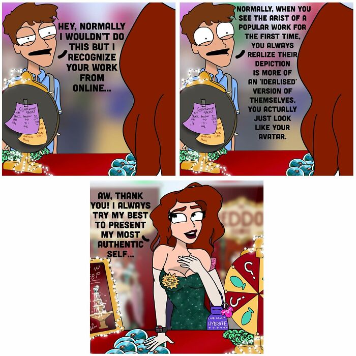 Comic featuring a bold and hilarious artist discussing authenticity with a woman in a colorful, playful setting.