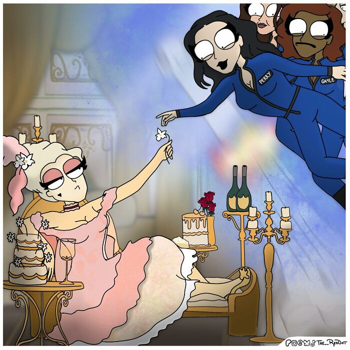 Bold and hilarious comics depicting quirky characters in whimsical scenes, showcasing the artist’s naughty humor style.