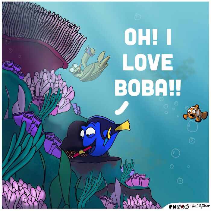 Comic-style underwater scene with a blue fish saying OH I LOVE BOBA in a bold and hilarious naughty comic style.