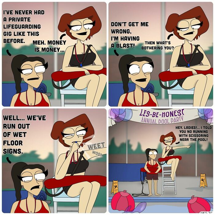 Bold and hilarious comic panels featuring lifeguards with a naughty poolside joke at an annual pool party event.