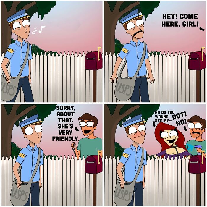 Cartoon comic panels featuring a USPS mailman and humorous, slightly naughty interaction by the artist.