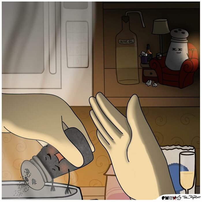 Hand with salt shaker pouring salt with annoyed pepper shaker character in hilarious comic style illustration.