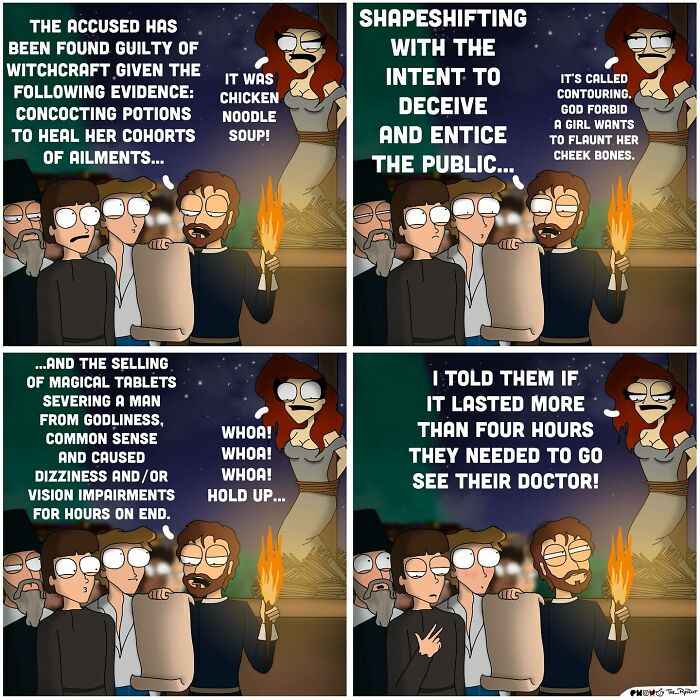 Comic panels featuring bold and hilarious characters debating witchcraft and magical potions in a humorous style.