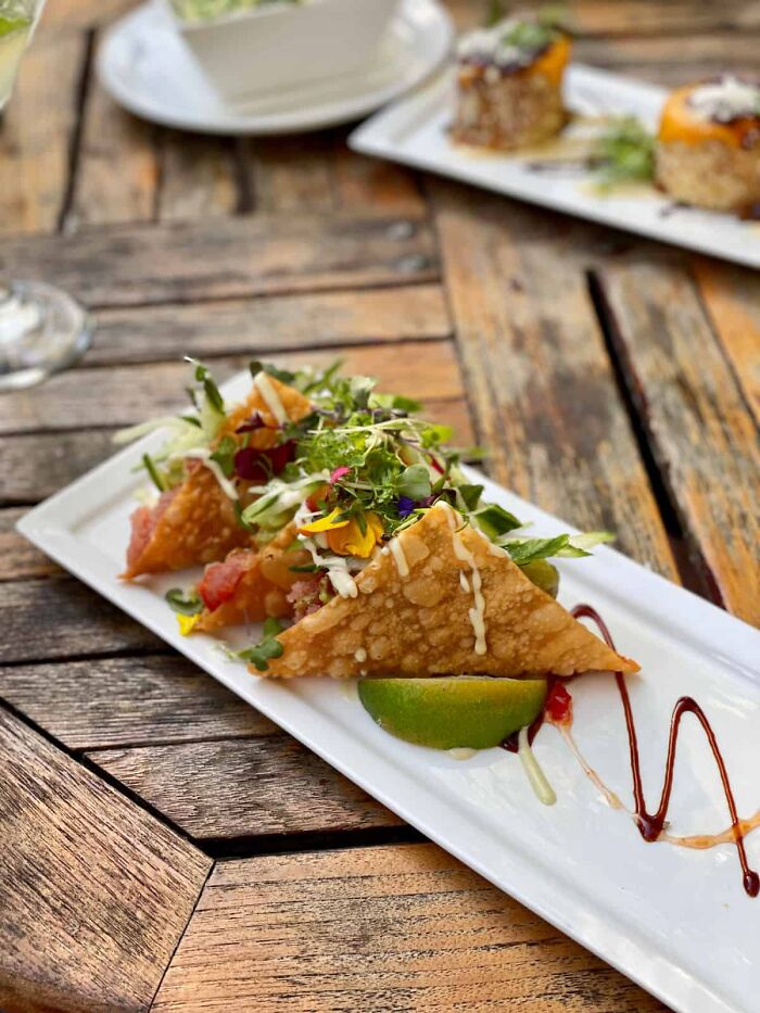 Gourmet appetizer with fresh greens and sauce drizzles served on a white plate at Siesta Key beach restaurant. Gourmet appetizer with fresh greens and sauce drizzles served on a white plate at Siesta Key beach restaurant.