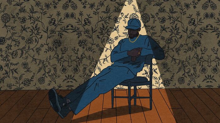 Illustration of a relaxed person sitting on a chair in a sunlit room, showcasing cozy everyday life moments.