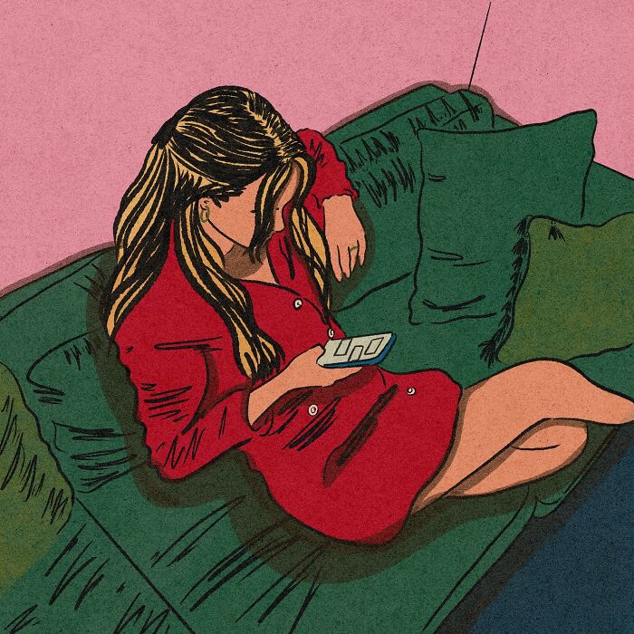 Illustration of a woman in a red dress relaxing on a green couch, capturing cozy everyday life moments.
