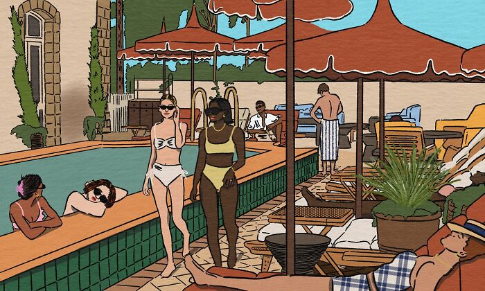 Cozy illustration of people relaxing by a pool with umbrellas, capturing the beauty of everyday life in warm tones.
