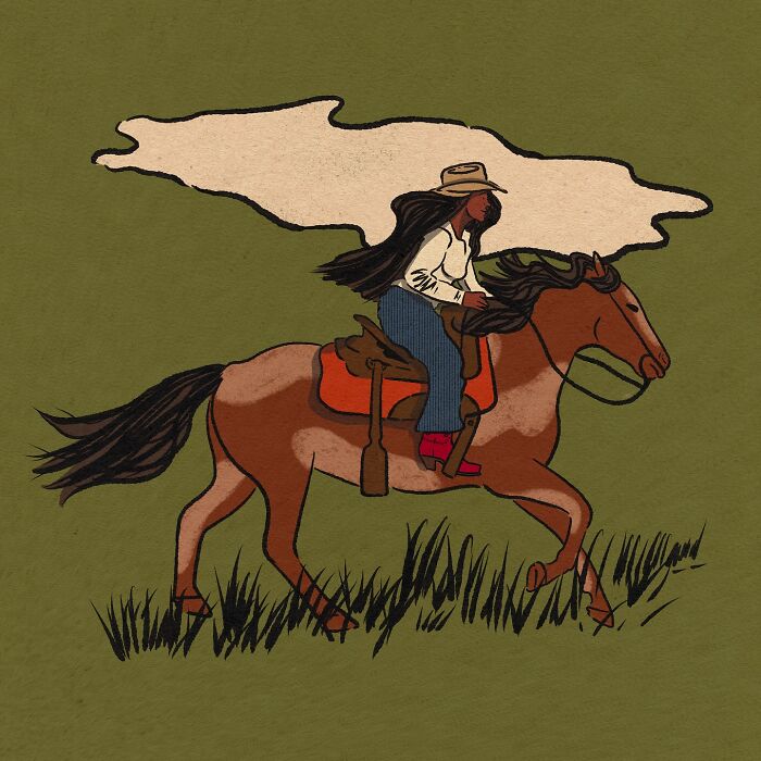 Cozy illustration of a woman riding a horse through tall grass, capturing the beauty of everyday life.