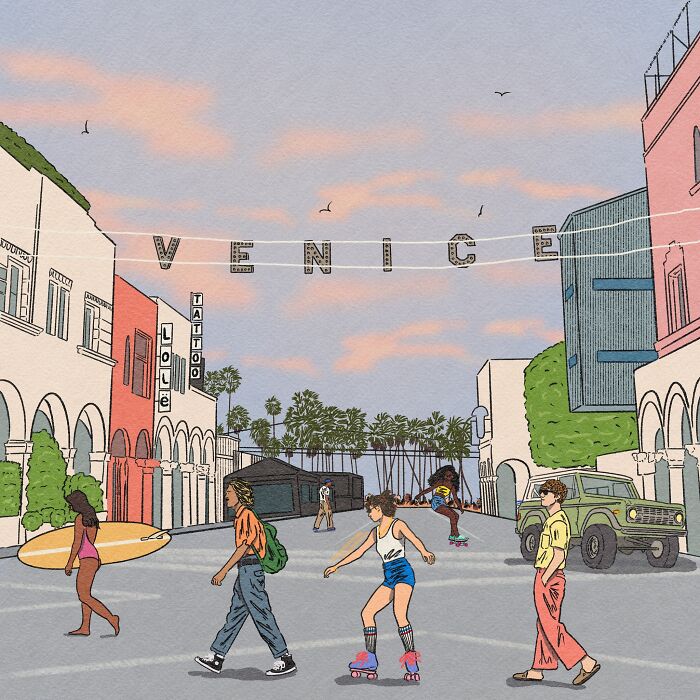 Cozy illustration by Tatyana Alanis capturing everyday life with people skating and walking under a Venice sign at sunset.
