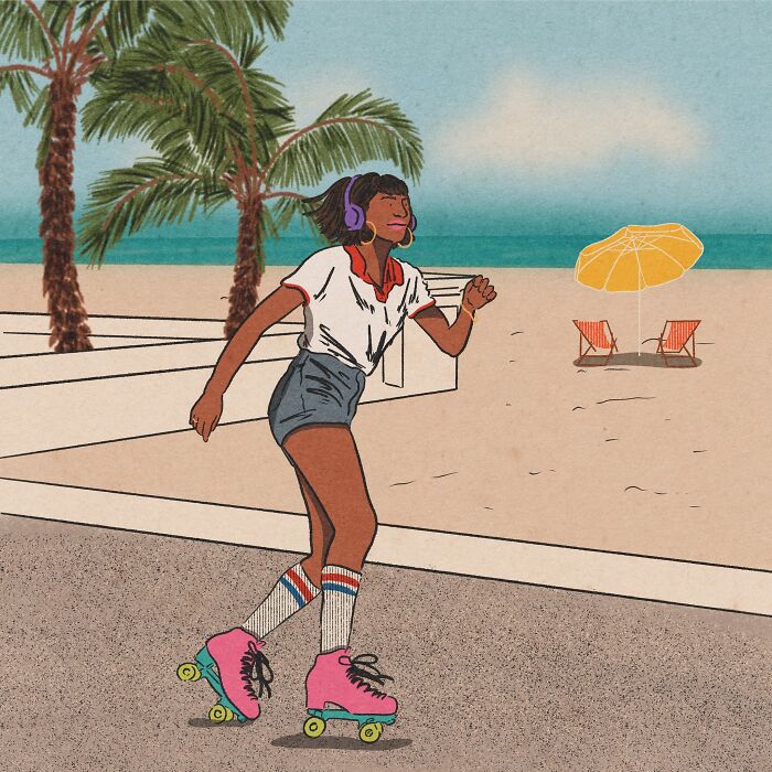 Young woman roller skating by the beach in cozy illustrations by Tatyana Alanis capturing everyday life beauty.