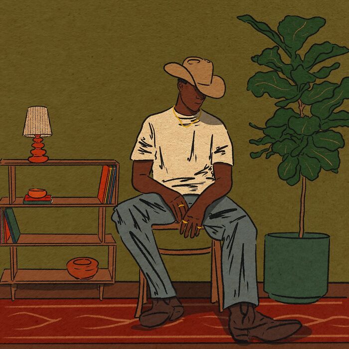 Cozy illustration of a man in a hat sitting indoors beside a plant and shelf, capturing the beauty of everyday life.
