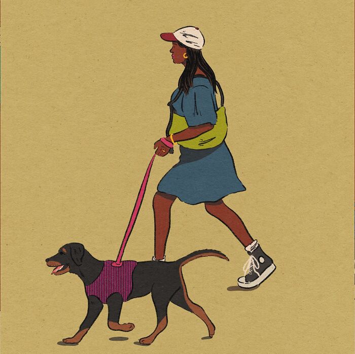 Cozy illustration of a woman walking her dog, capturing the beauty of everyday life with warm, simple colors.