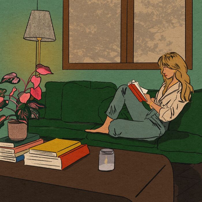 Woman reading on a green couch in a cozy living room, surrounded by books, a lamp, and a plant illustration capturing everyday life.
