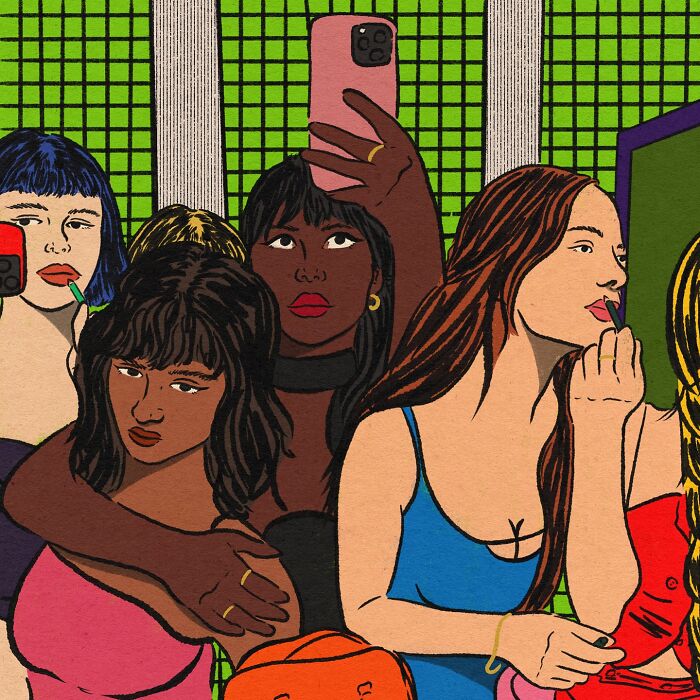 Cozy illustration by Tatyana Alanis of diverse women applying makeup and taking selfies in everyday life.