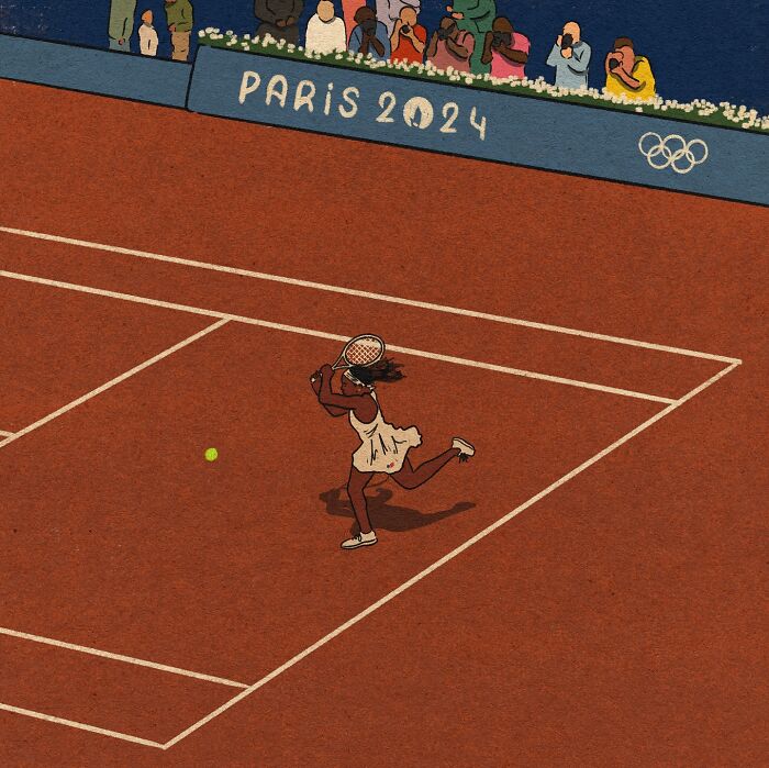 Cozy illustration of a tennis player on a clay court with spectators capturing the beauty of everyday life.