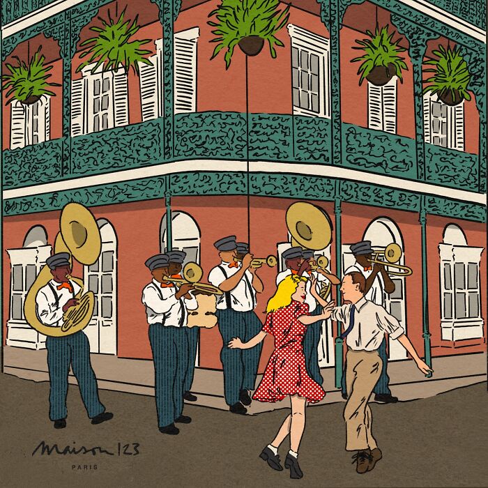 Cozy illustration of a street band playing music while a couple dances, capturing the beauty of everyday life.