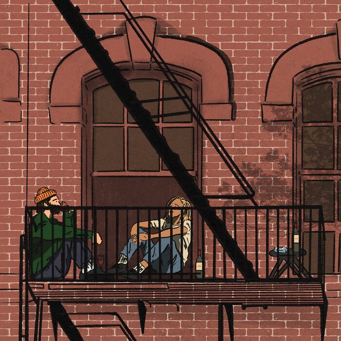 Cozy illustration of two people sitting on a brick apartment fire escape, capturing the beauty of everyday life.