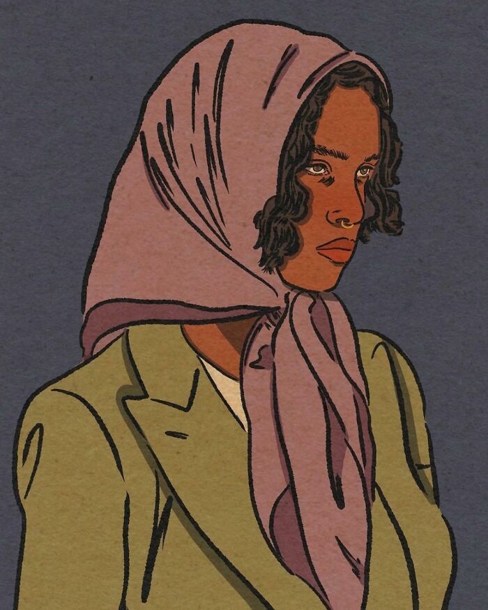 Cozy illustration of a woman wearing a headscarf and green jacket, capturing the beauty of everyday life.