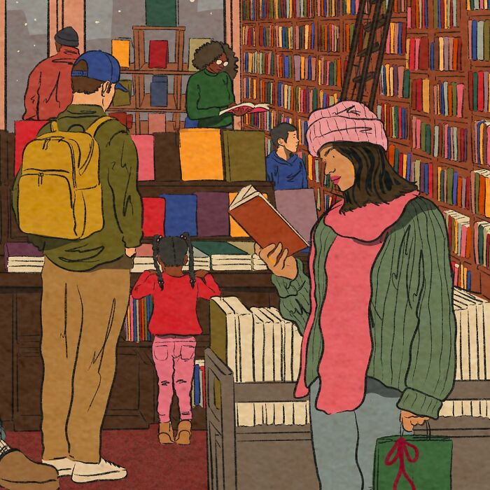 Cozy illustration of people browsing and reading books in a warm bookstore capturing everyday life moments.