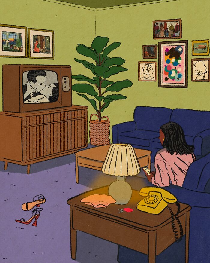 Cozy illustration of a woman watching vintage TV in a warmly decorated living room capturing everyday life.