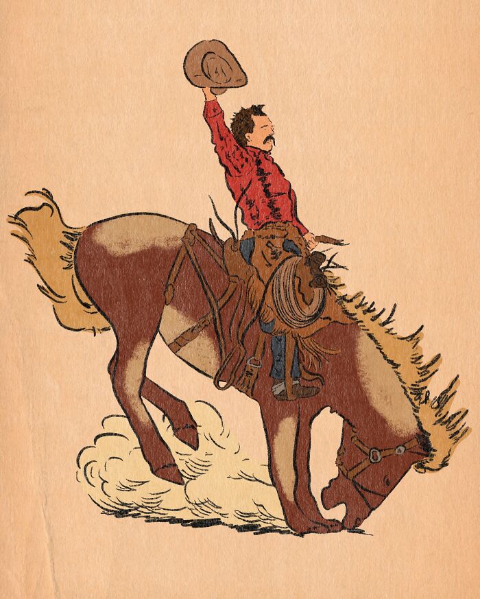 Cozy illustration of a cowboy riding a bucking horse, capturing the rustic charm of everyday life moments.