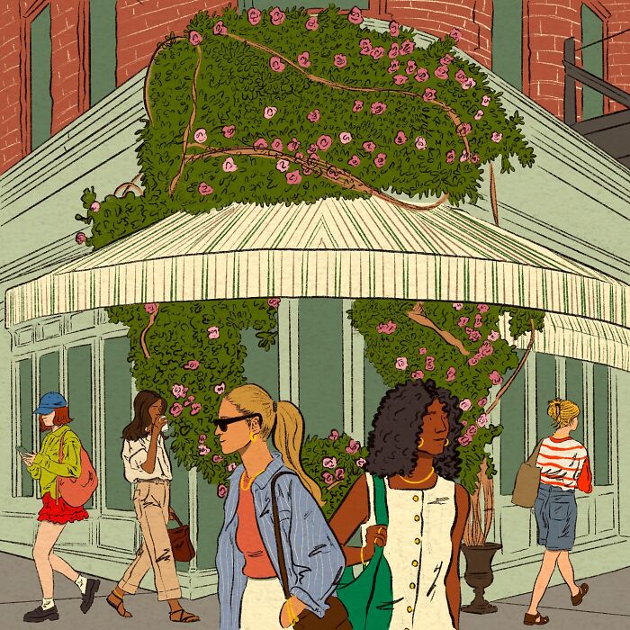 Cozy illustration by Tatyana Alanis of people walking past a flowering urban corner capturing everyday life beauty