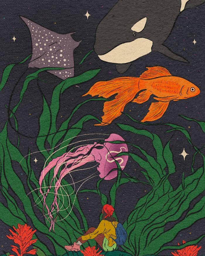 Cozy illustration of a person sitting underwater surrounded by sea creatures and vibrant ocean plants.