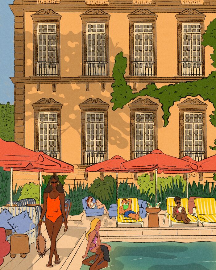 Cozy illustration of people relaxing by a pool with umbrellas and greenery, capturing the beauty of everyday life.