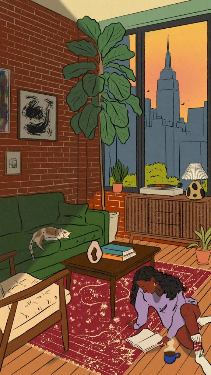 Cozy illustration of a woman reading on the floor in a living room with plants and cityscape views.