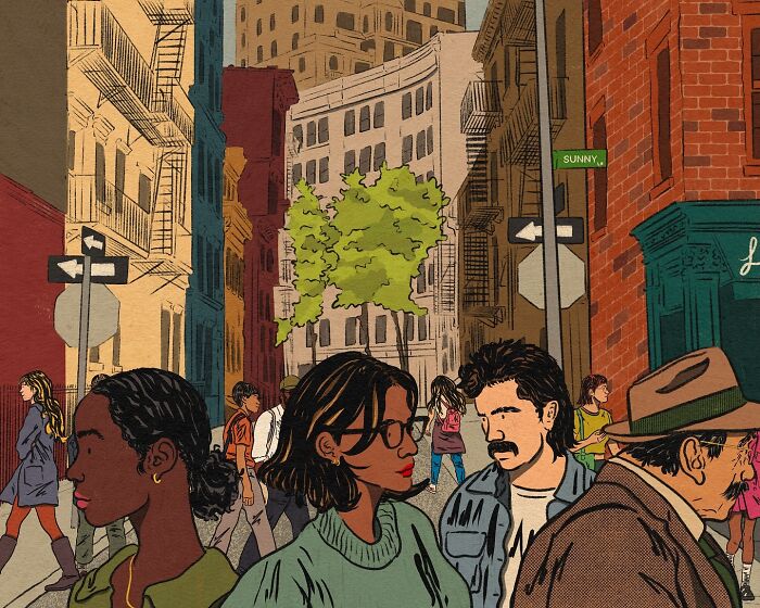Cozy illustration of diverse people walking on a city street, capturing the beauty of everyday life in an urban setting.