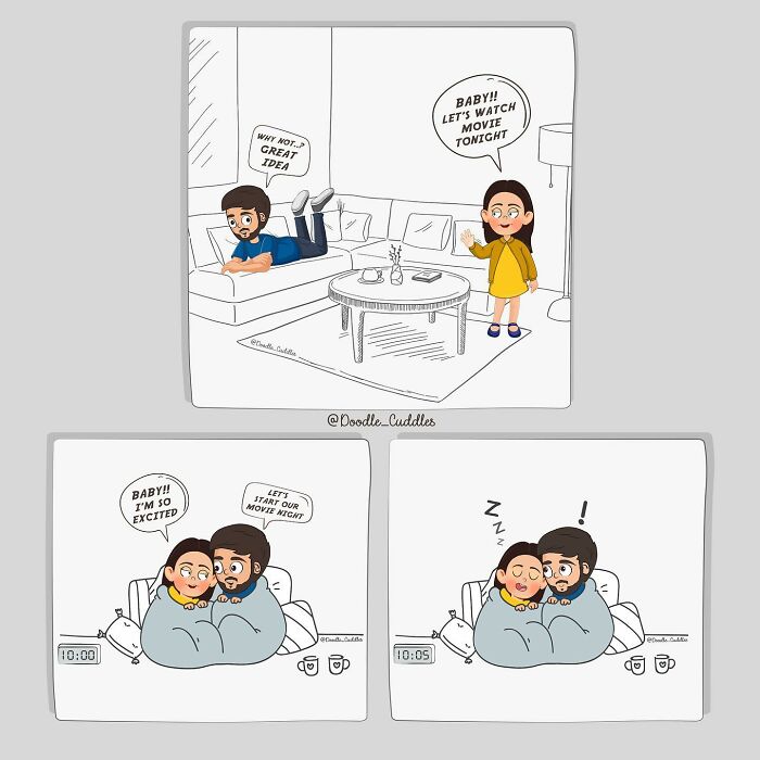 Couple in doodle cuddles comics deciding to watch a movie, then happily cuddling as one falls asleep quickly.
