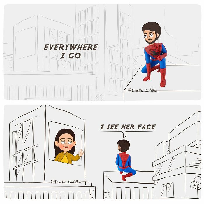 Couple life doodle cuddles comic showing a man dressed as Spider-Man spotting a woman in a building window.