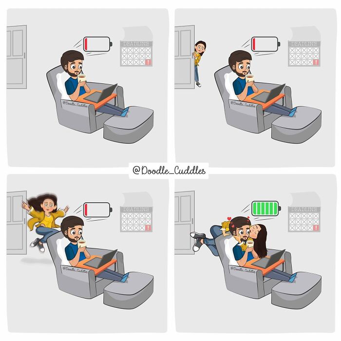 Couple life doodle cuddles comic showing a tired man recharged with a loving kiss from his partner.