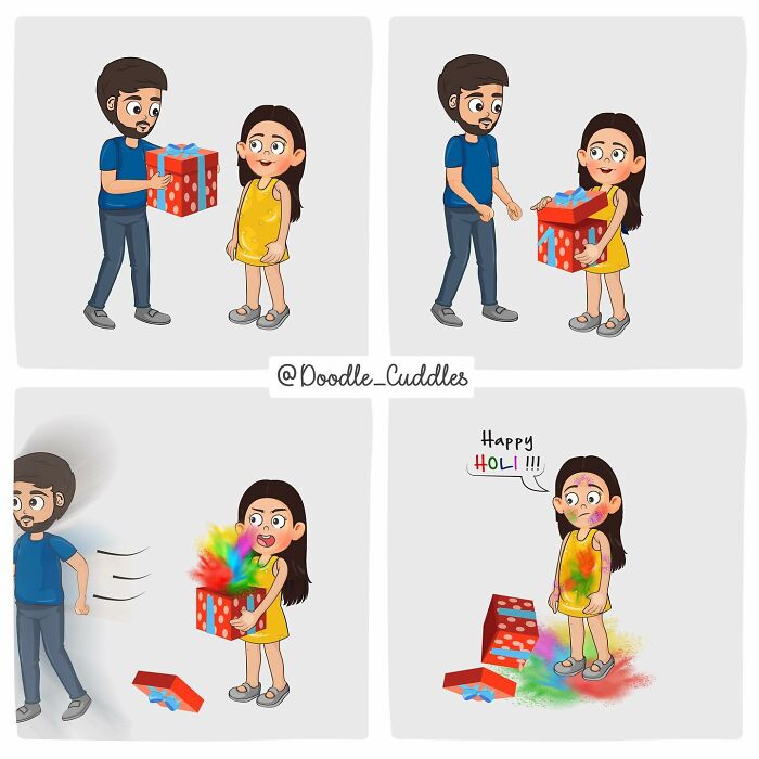 Couple in a doodle cuddles comic exchanging a colorful gift box that surprises with Holi colors, capturing everyday couple life moments.