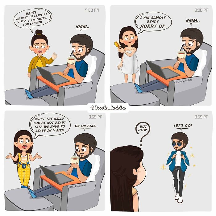 Couple in doodle cuddles comic shows funny everyday couple life moments of getting ready and playful delays.