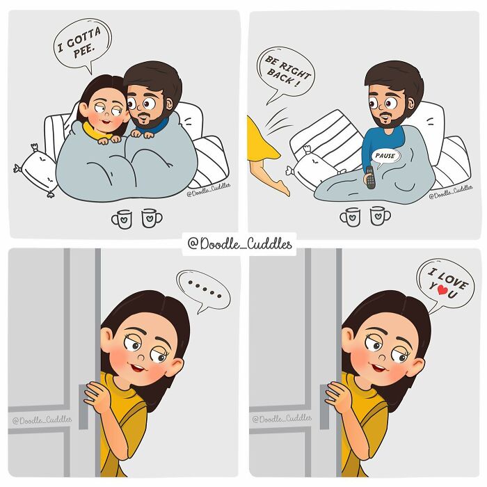 Couple sharing a sweet and funny doodle cuddles comic scene capturing everyday couple life moments.
