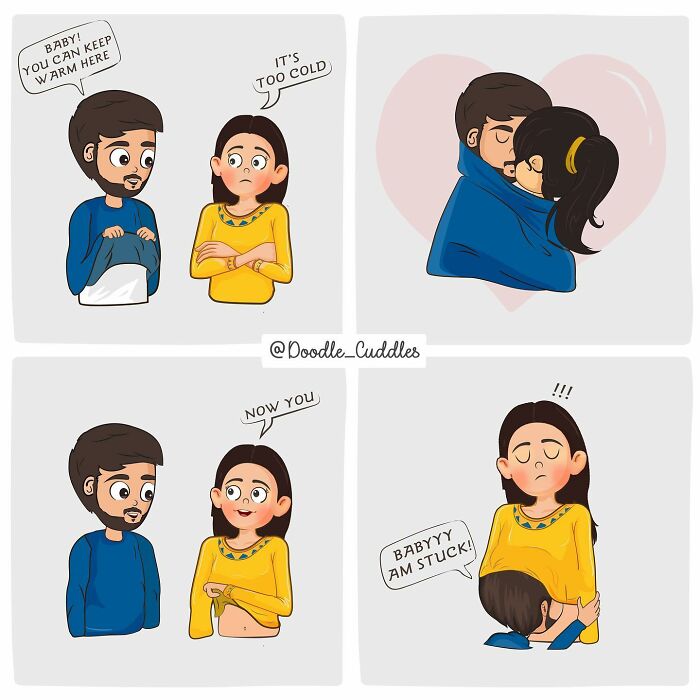 Couple in doodle cuddles comics sharing funny and sweet moments that capture everyday couple life and warmth.