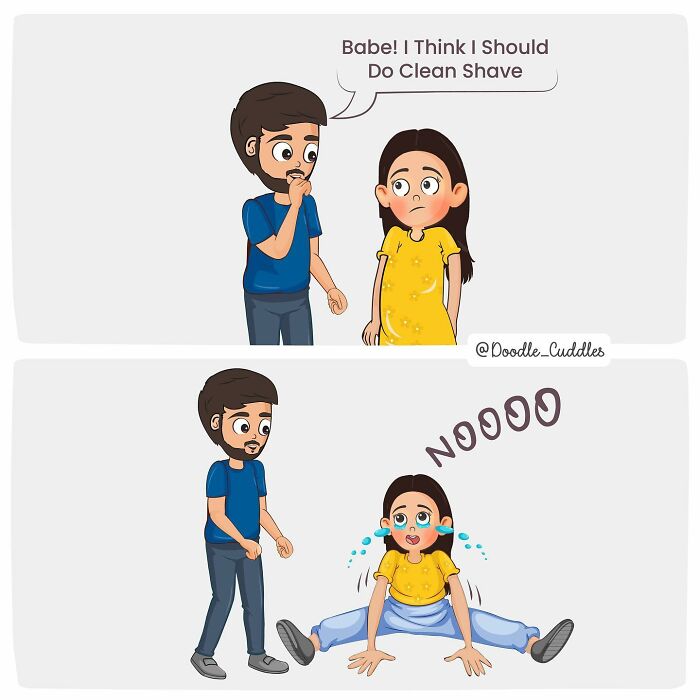 Couple in a doodle cuddles comic, showing a man suggesting a clean shave and a woman reacting dramatically.