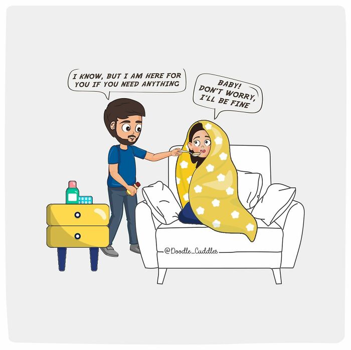 Couple in a doodle cuddles comic showing care as one person tends to their sick partner wrapped in a blanket on a couch.
