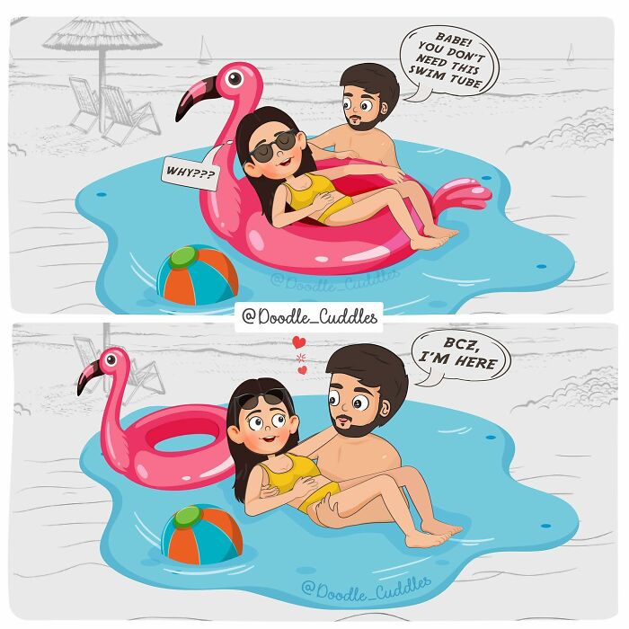 Couple in a pool with a flamingo float, showing sweet and funny doodle cuddles capturing everyday couple life moments.