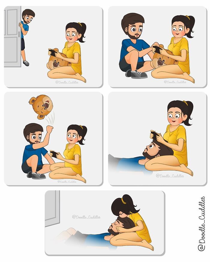 Couple sharing sweet and funny moments in doodle cuddles comics depicting everyday couple life and playful interactions.